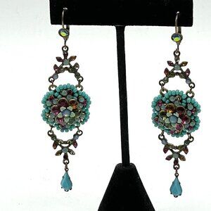 Michal Negrin Blue Multi-Color Crystal Floral Chandelier Drop Pierced Earrings